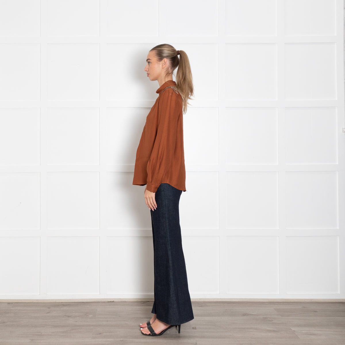 Machka Dark Tan Shirt With Crystal Shoulder Detail