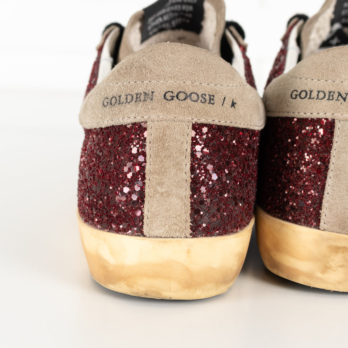 Golden Goose Super-Star Beige And Burgundy Sparkle Trainer