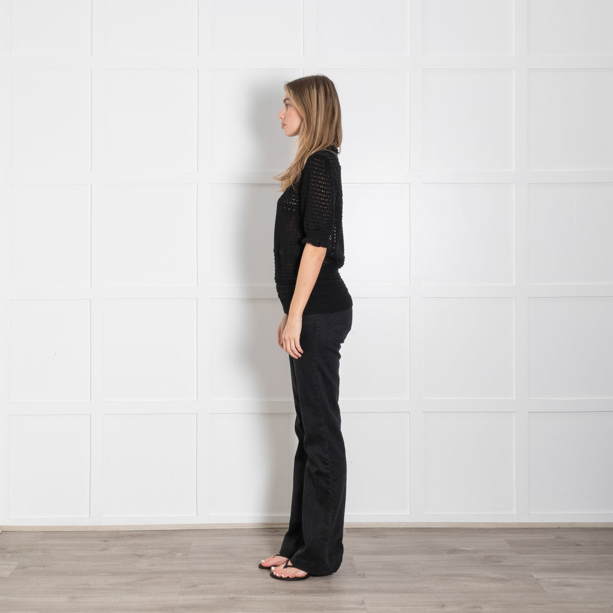 Wyse Black Crochet Cotton Short Sleeve Sweater