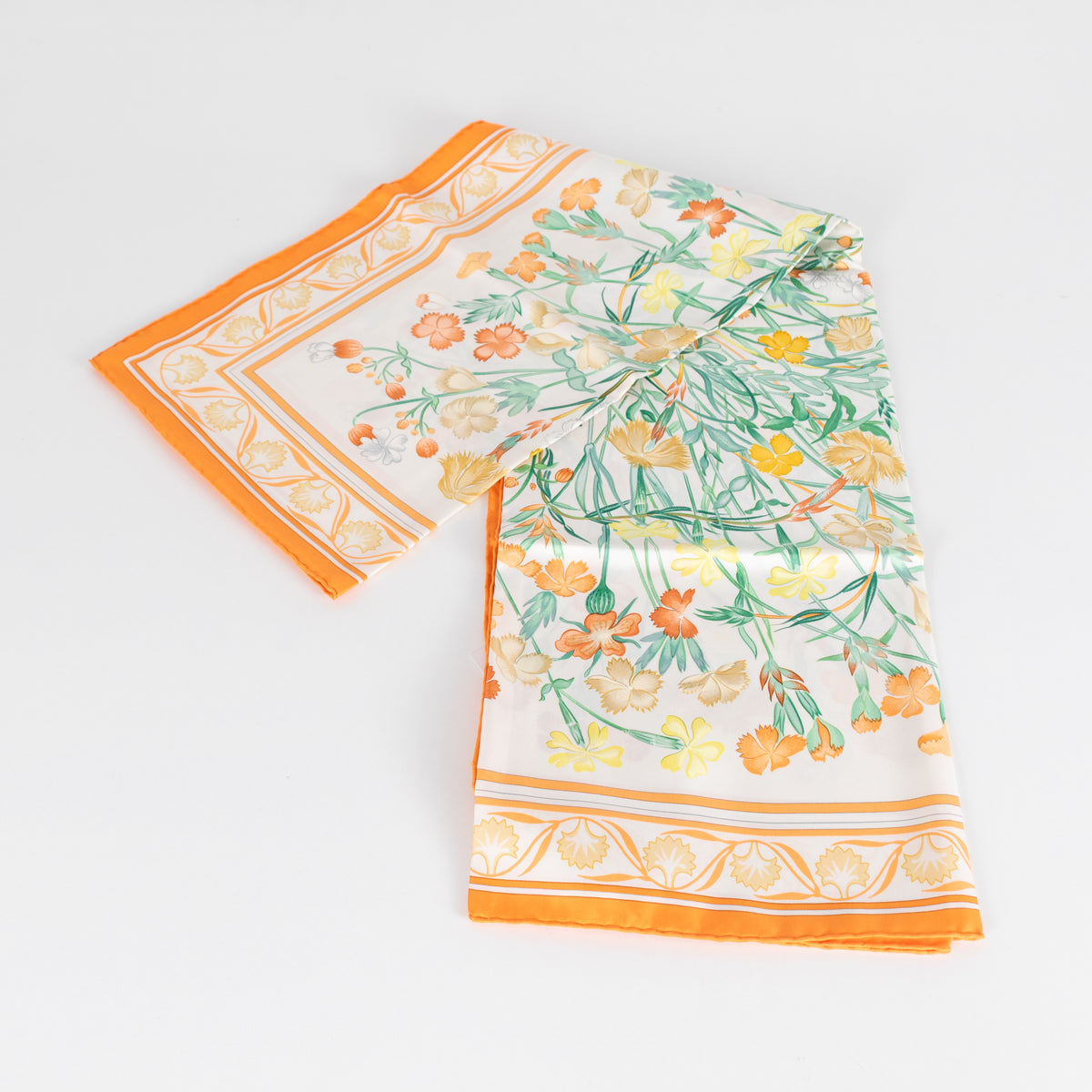 Hermes Cream Orange Oeillets Sauvages Et Autres Caryophyllees Silk Scarf