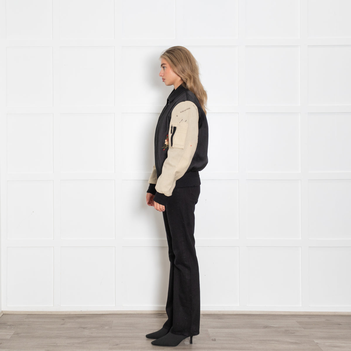 Saint Laurent Black And Cream Embroidered Bomber Jacket