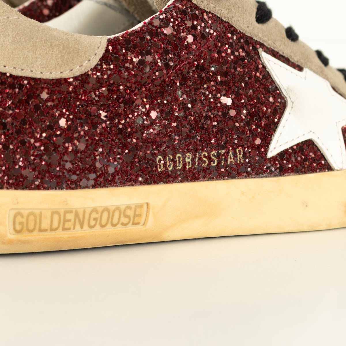 Golden Goose Super-Star Beige And Burgundy Sparkle Trainer