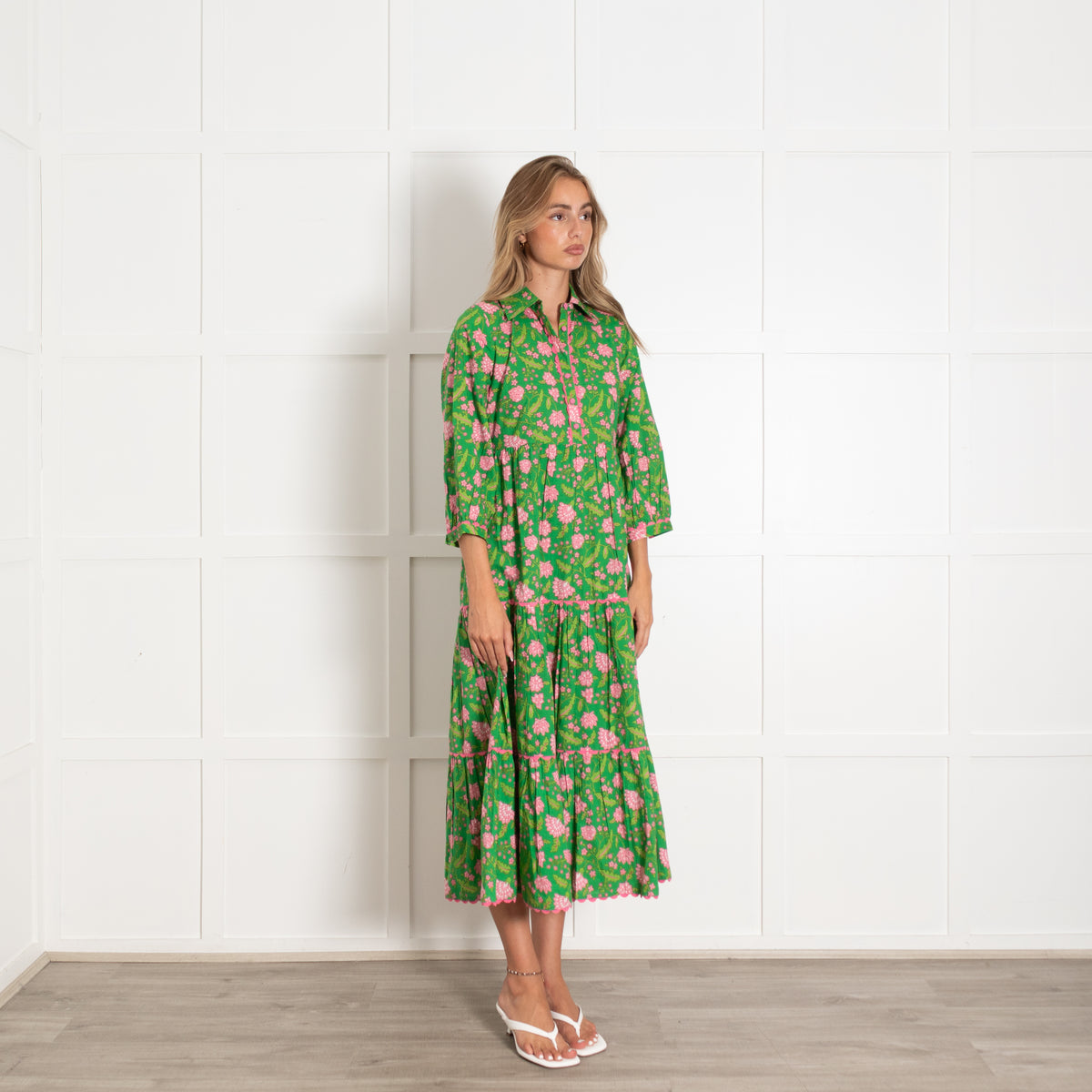 Pink City Prints Green Pink Floral Cotton Maxi Dress