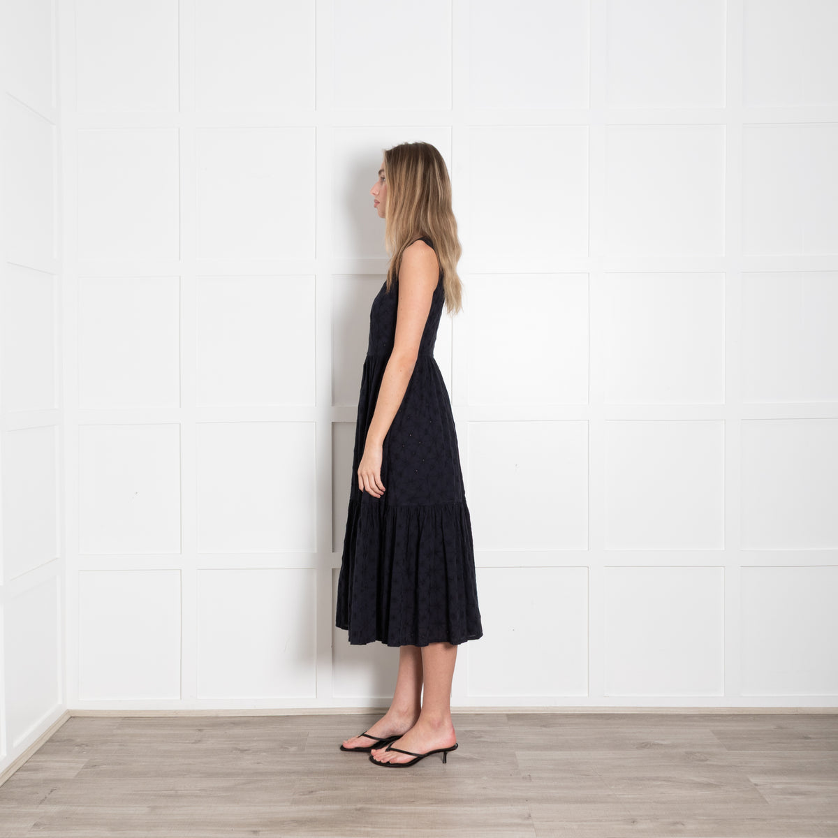 Le Sirenuse Navy Cotton Embroidered Sleeveless Midi Dress
