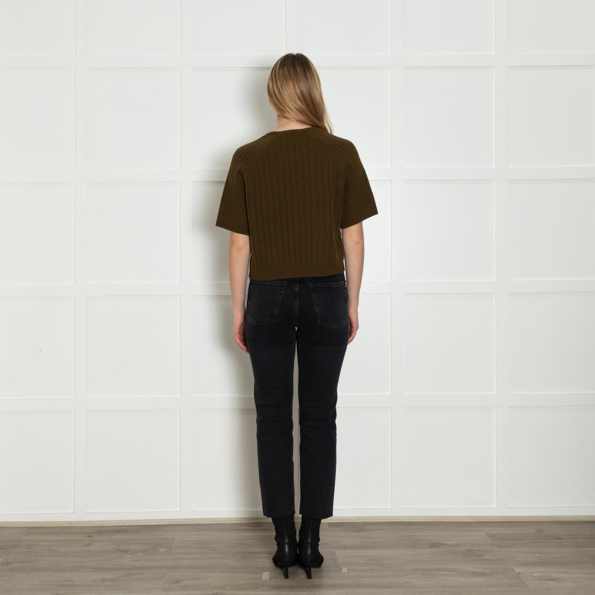 Me+Em Khaki Green Cashmere Wool Blend Short Sleeve Rib Jumper
