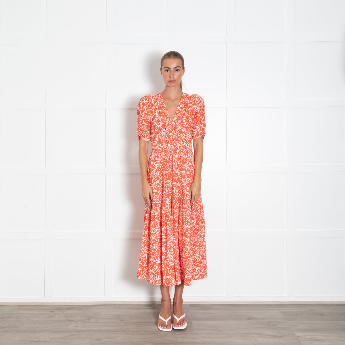 Me + Em White Orange Floral Cotton Short Sleeve V-Neck Dress