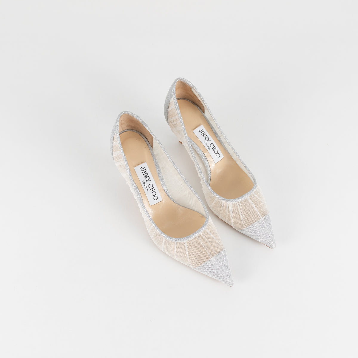 Jimmy Choo Silver Glitter Mesh Pointy Heeled Shoes