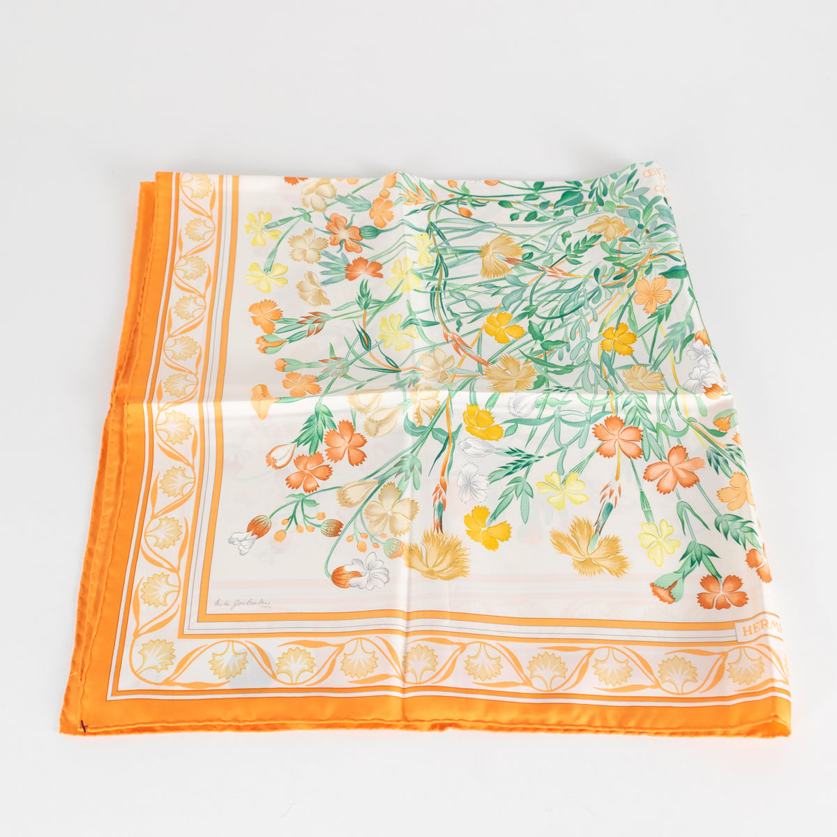 Hermes Cream Orange Oeillets Sauvages Et Autres Caryophyllees Silk Scarf