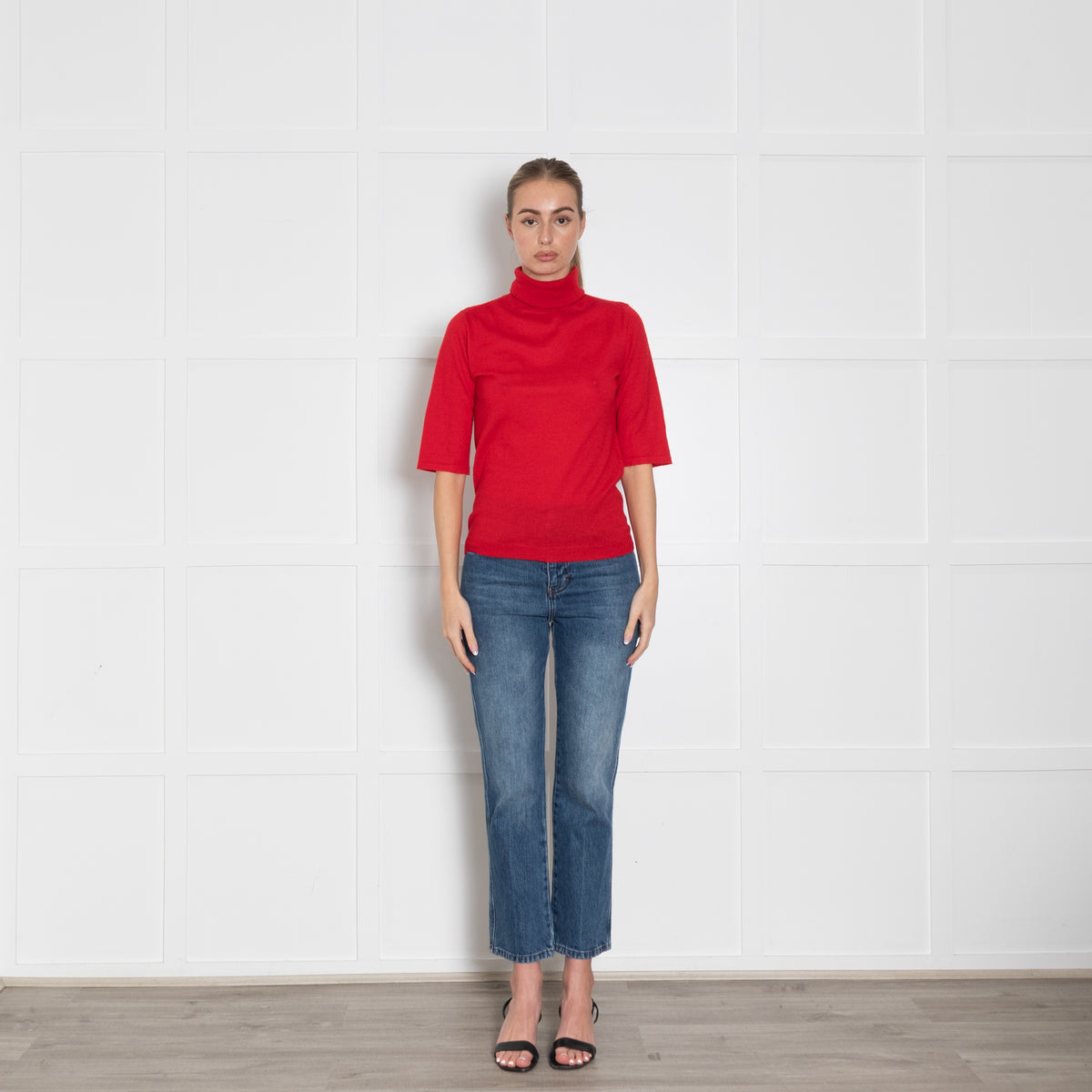 Strenesse Red Cashmere Short Sleeve Roll Neck Sweater