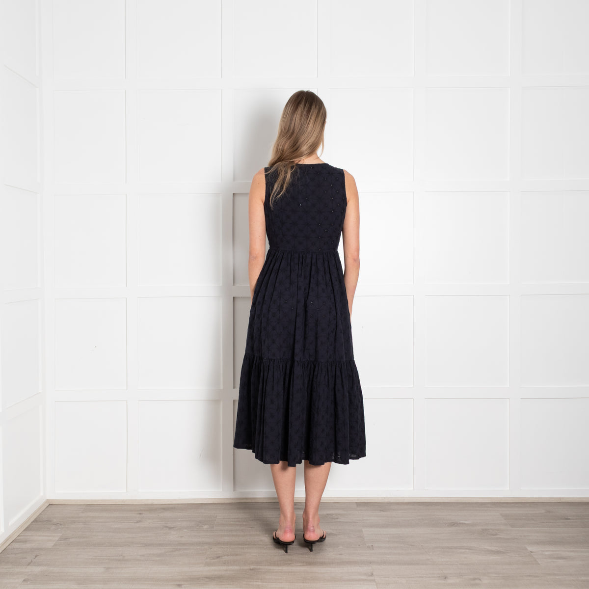 Le Sirenuse Navy Cotton Embroidered Sleeveless Midi Dress