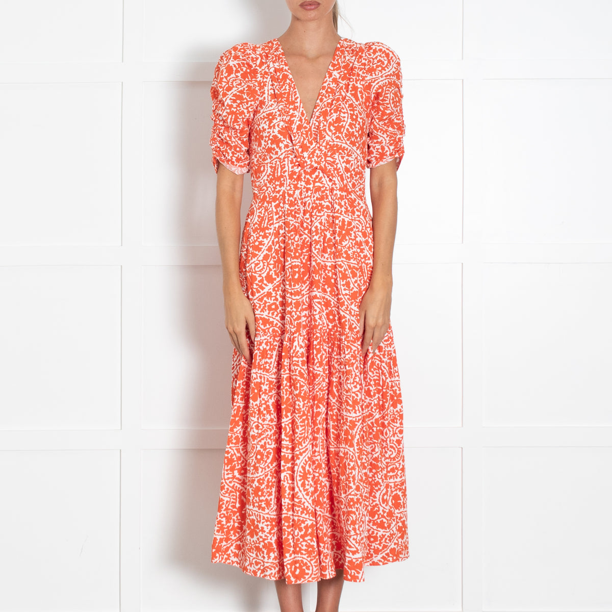 Me + Em White Orange Floral Cotton Short Sleeve V-Neck Dress