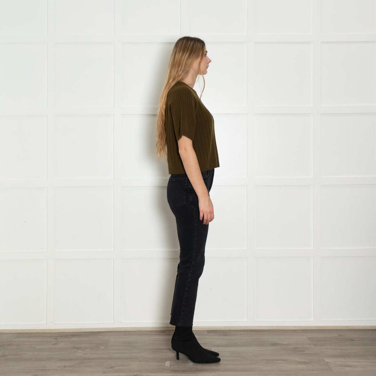 Me+Em Khaki Green Cashmere Wool Blend Short Sleeve Rib Jumper