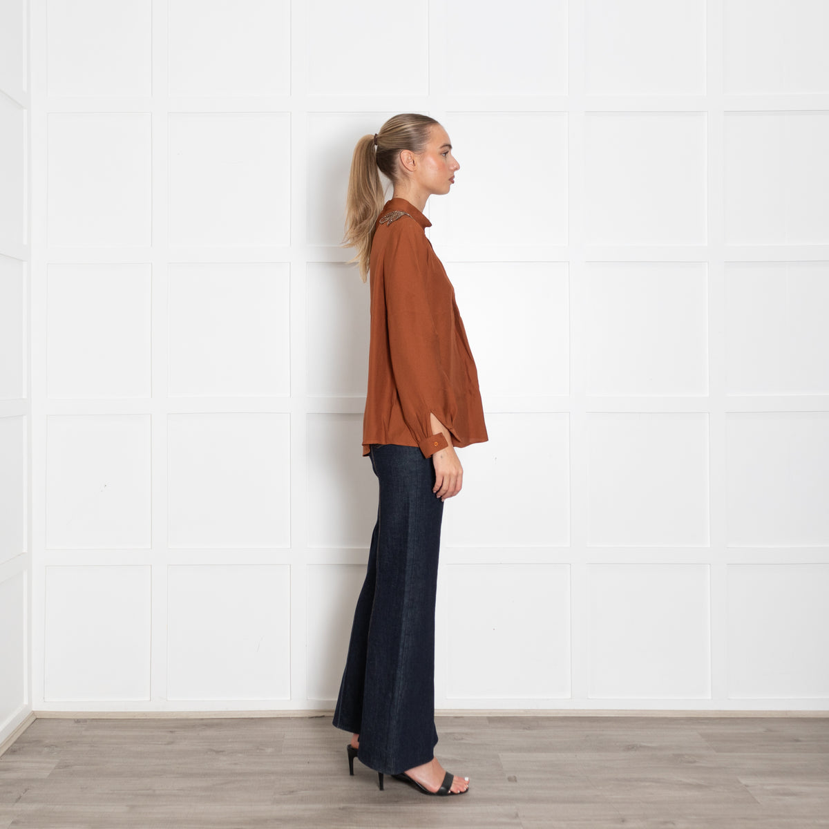 Machka Dark Tan Shirt With Crystal Shoulder Detail