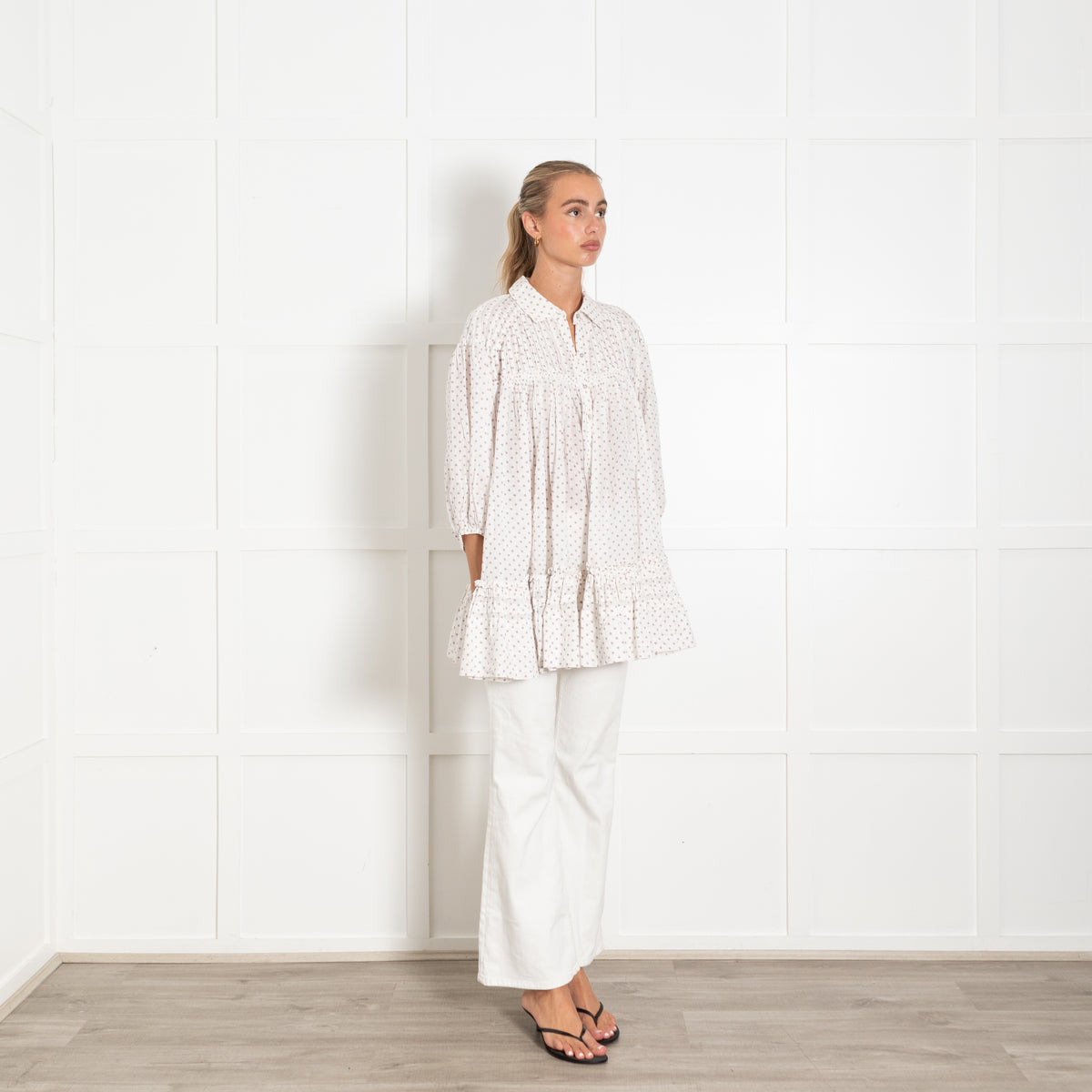 Free People White Pintuck Button Down Top With Red Smallprint