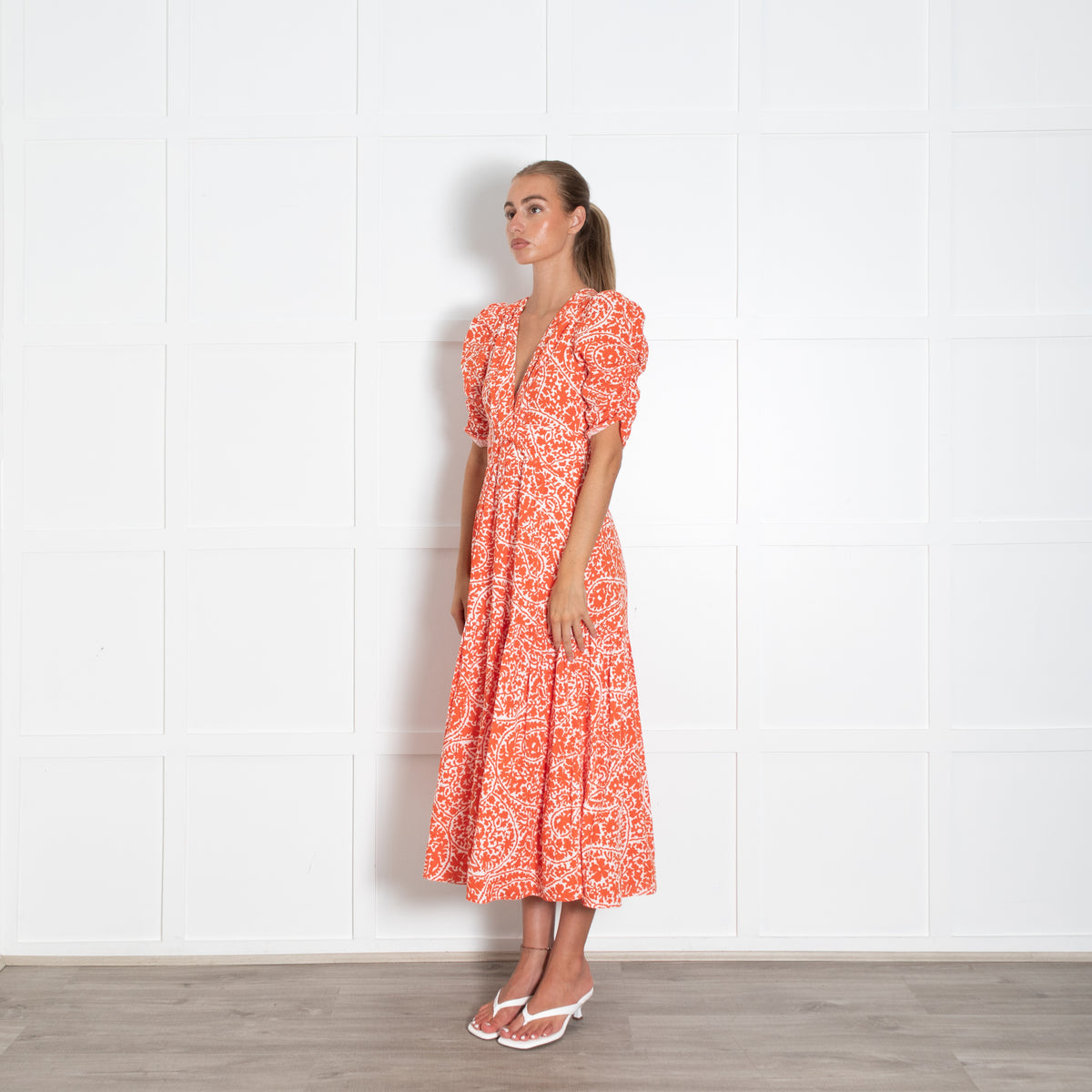 Me + Em White Orange Floral Cotton Short Sleeve V-Neck Dress