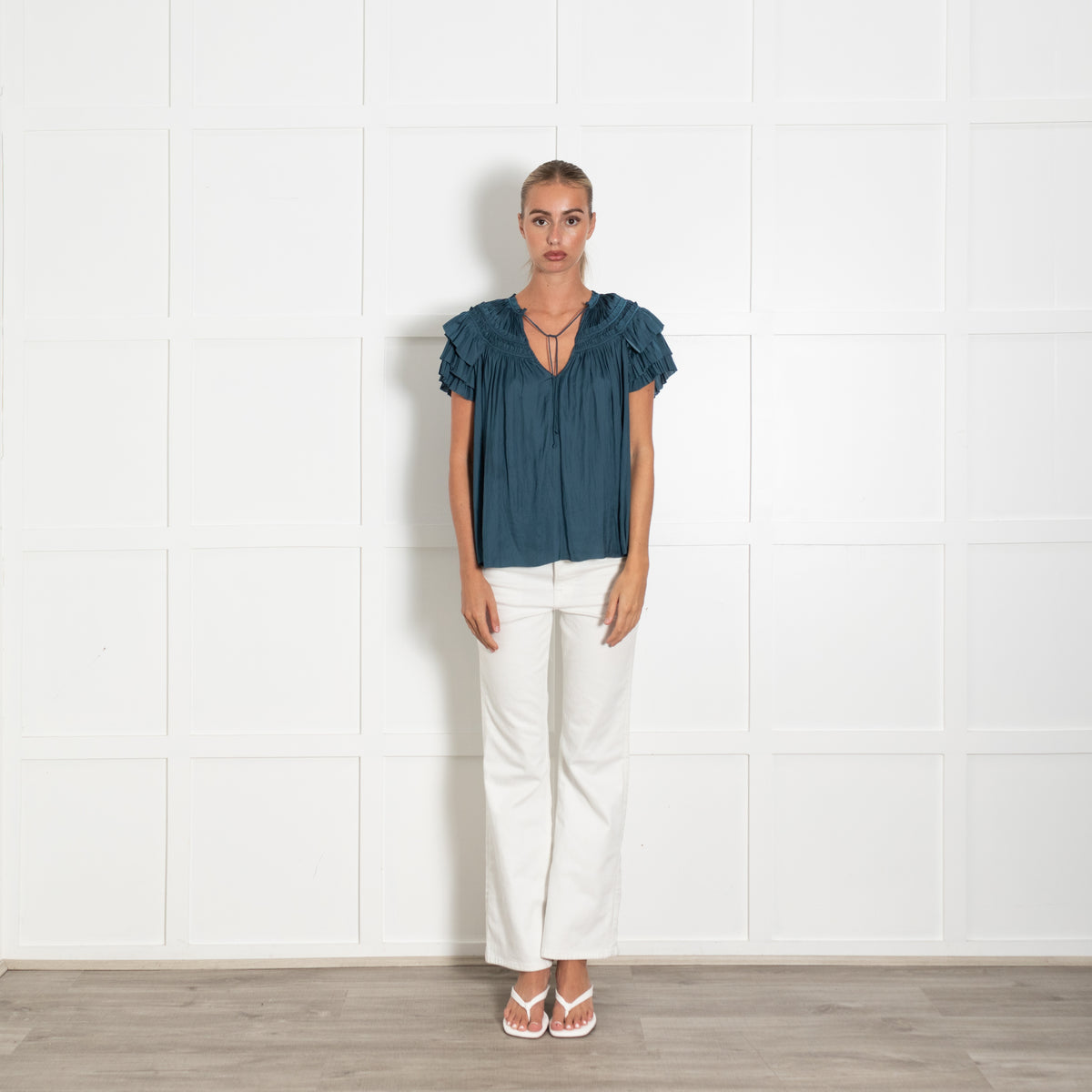 Ulla Johnson Teal Smocked And Frilled Top