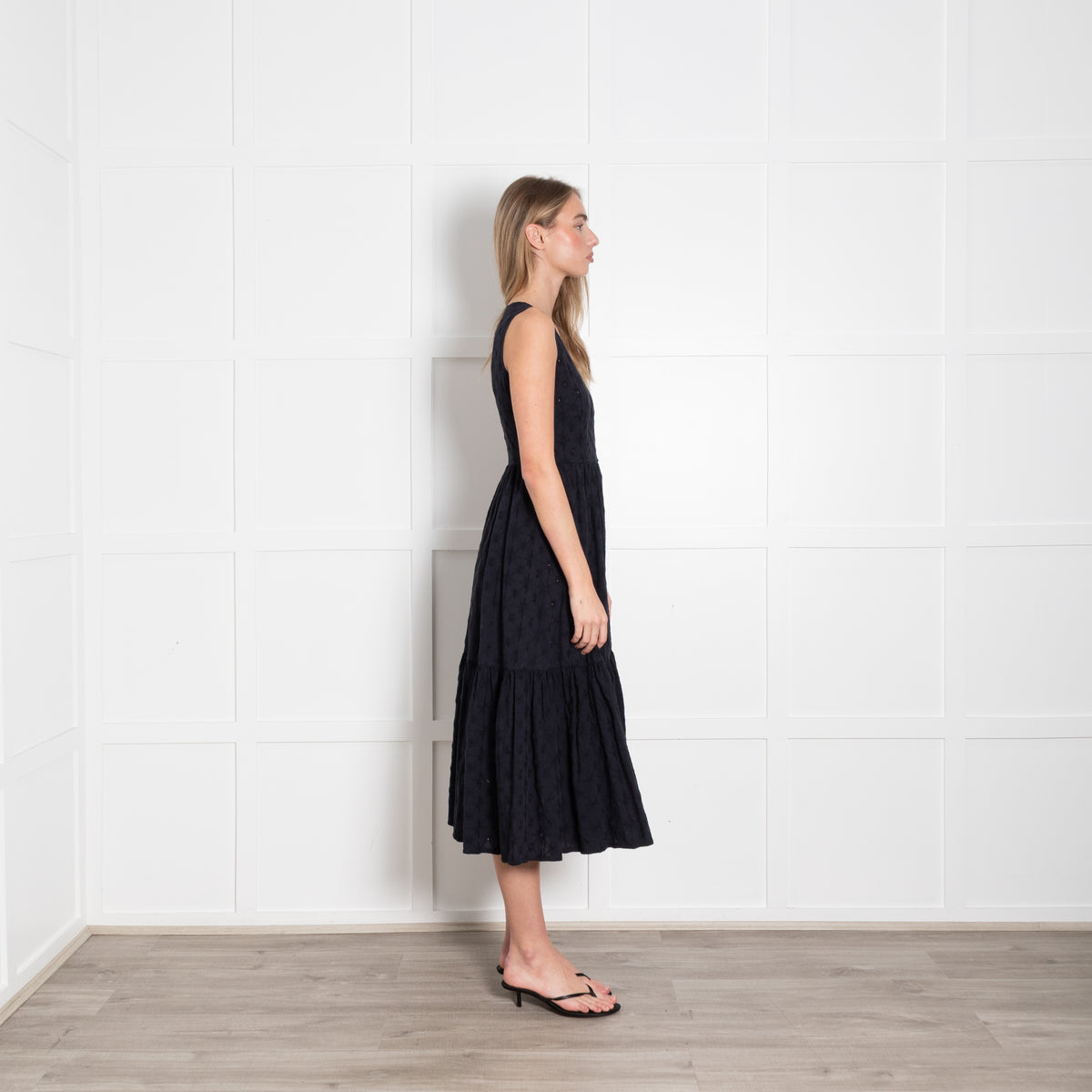Le Sirenuse Navy Cotton Embroidered Sleeveless Midi Dress