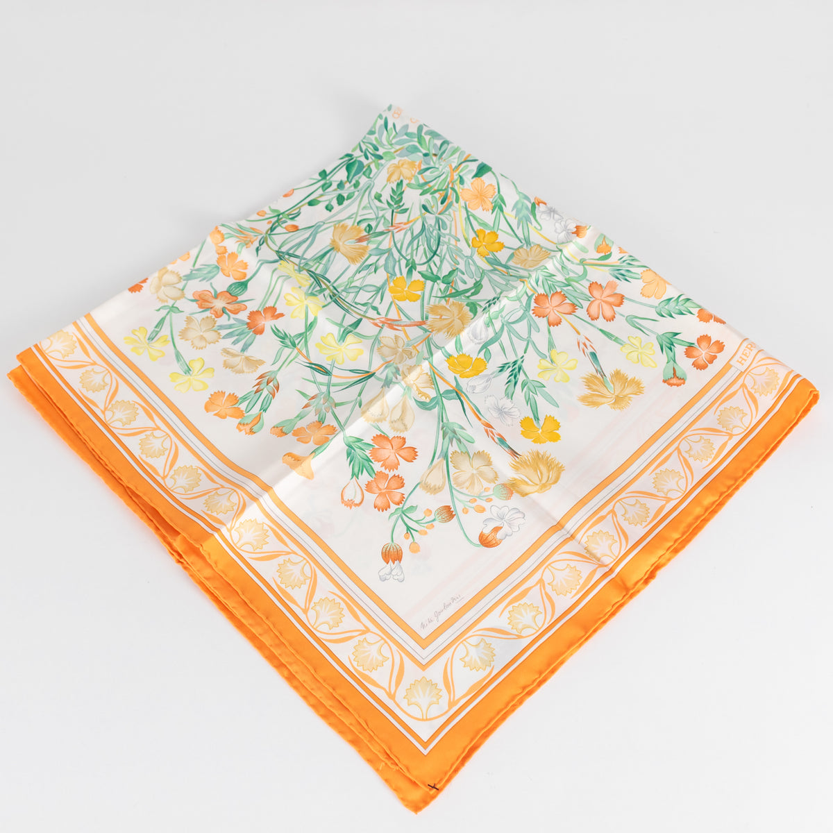 Hermes Cream Orange Oeillets Sauvages Et Autres Caryophyllees Silk Scarf