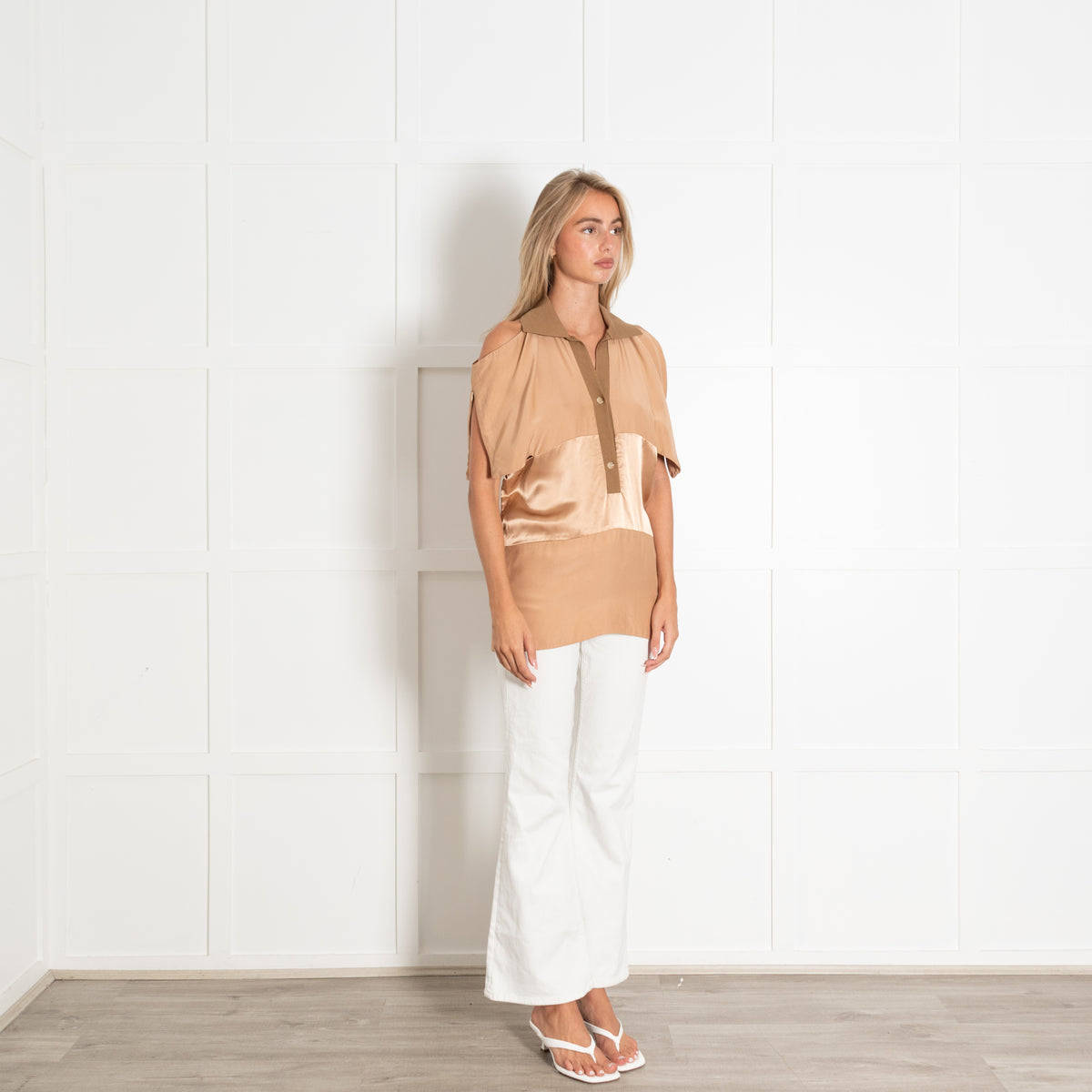 Burberry Tan Satin Panel Cut Out Detail Top