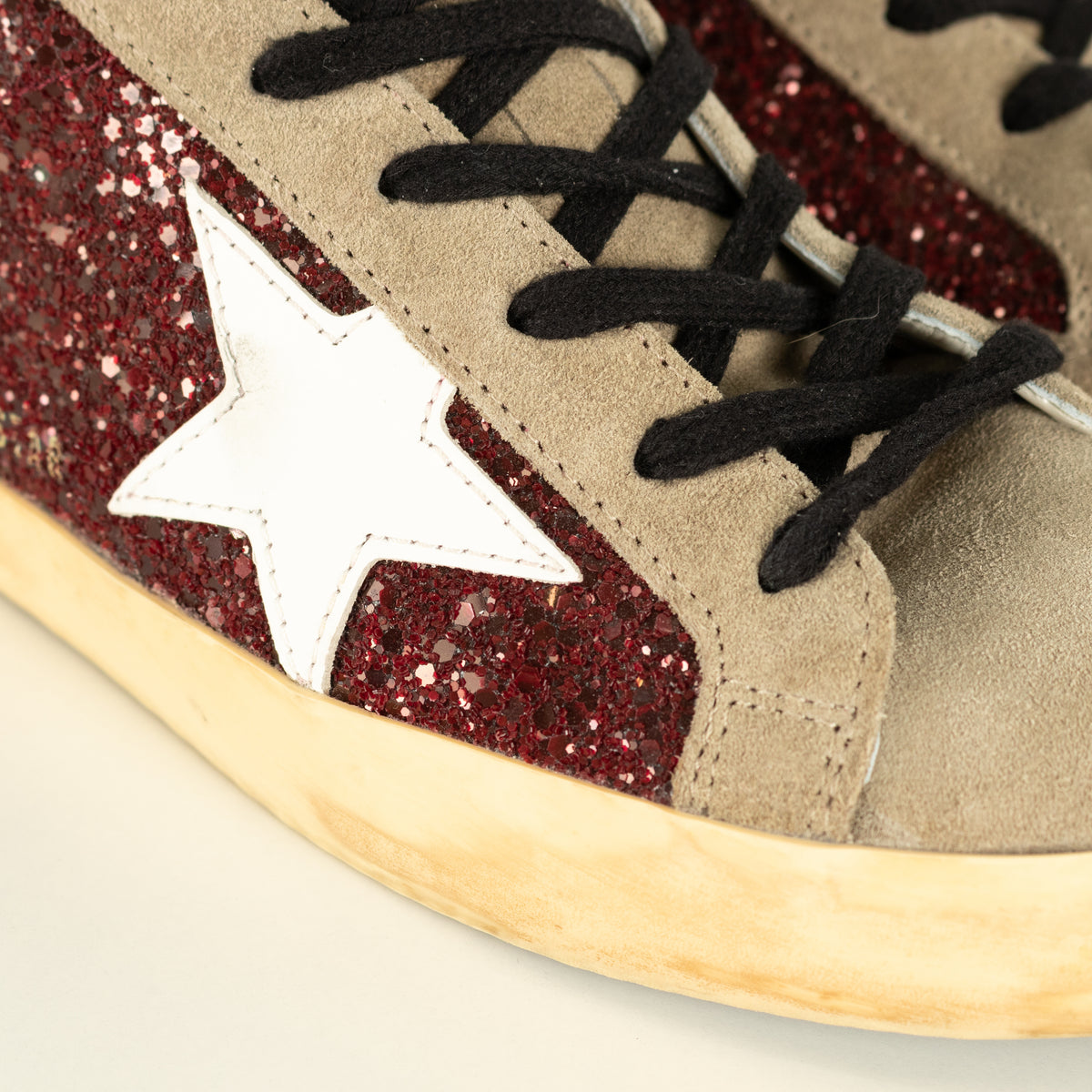 Golden Goose Super-Star Beige And Burgundy Sparkle Trainer