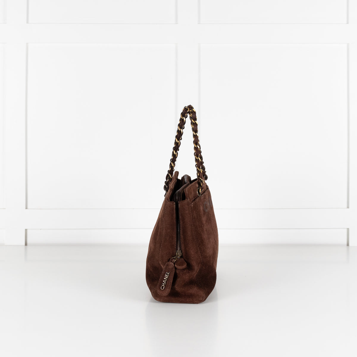 Chanel Brown Suede Chain Strap Logo Tote