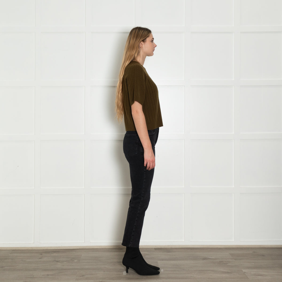 Me+Em Khaki Green Cashmere Wool Blend Short Sleeve Rib Jumper