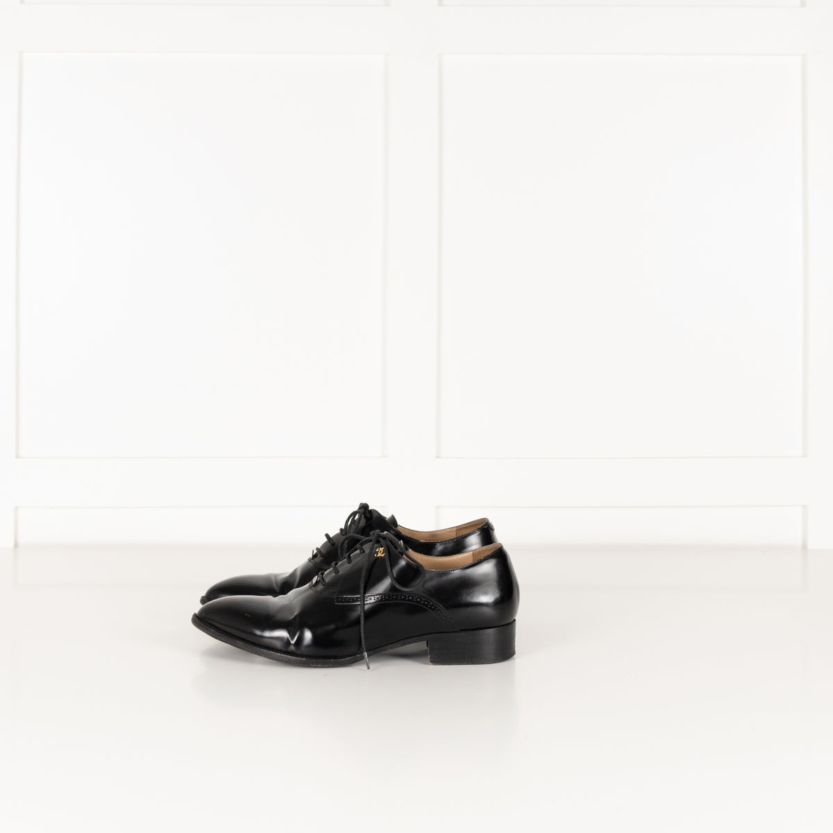 Chanel Black Glossy Leather Lace Up Pointy Shoes