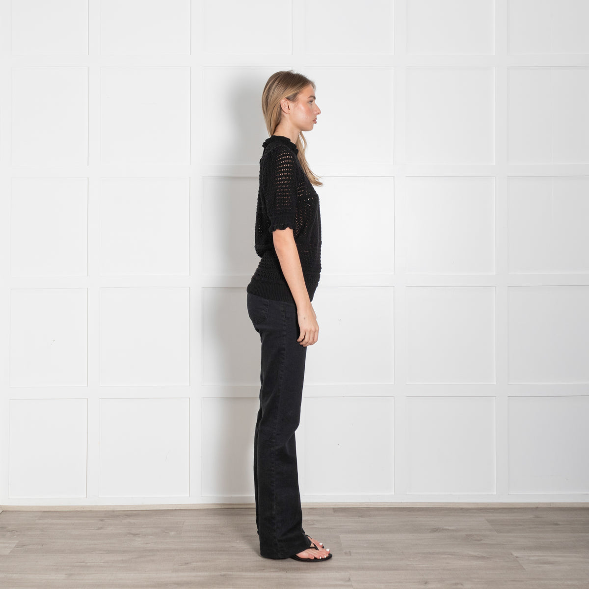 Wyse Black Crochet Cotton Short Sleeve Sweater