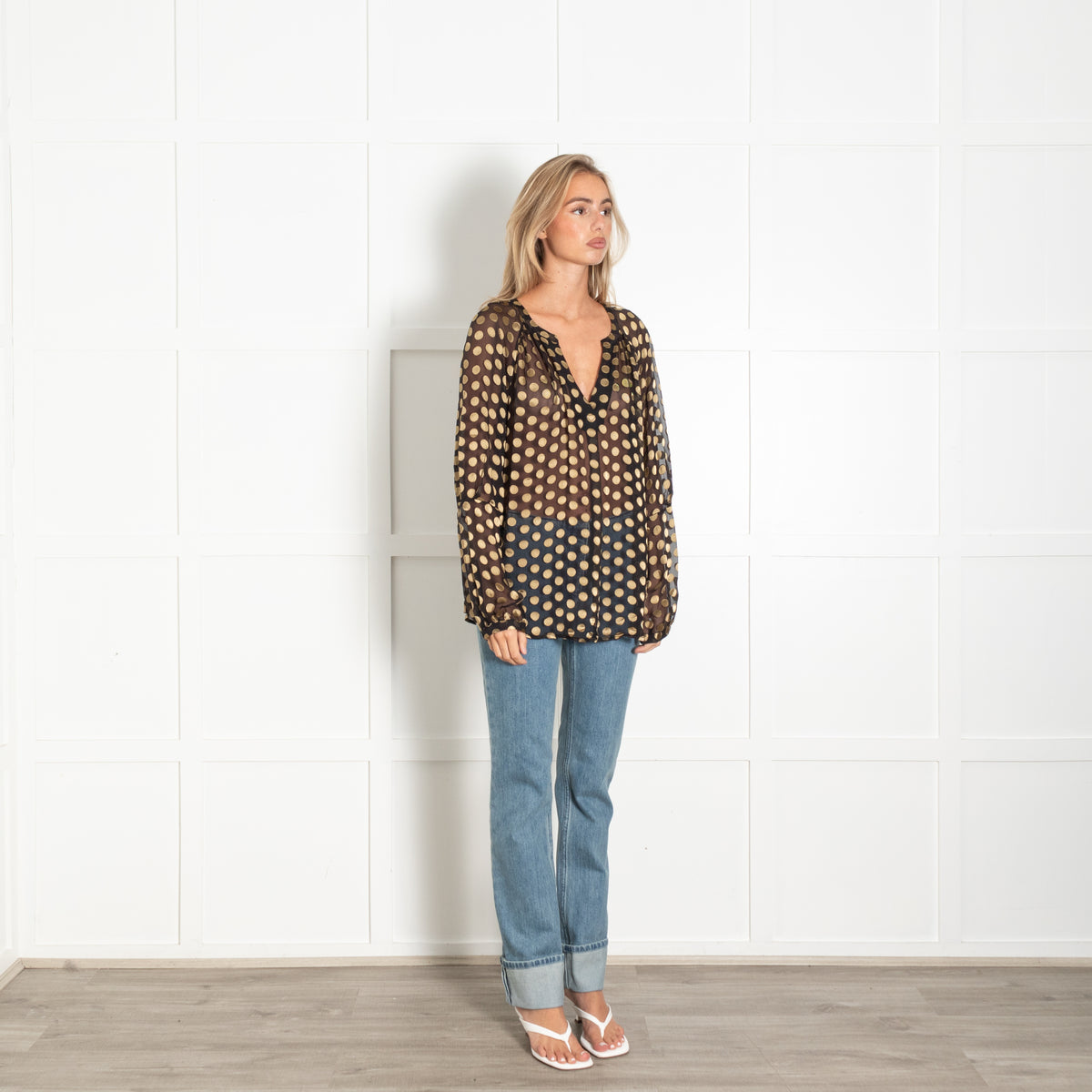 Diane Von Furstenberg Black Gold Spot Sheer Blouse