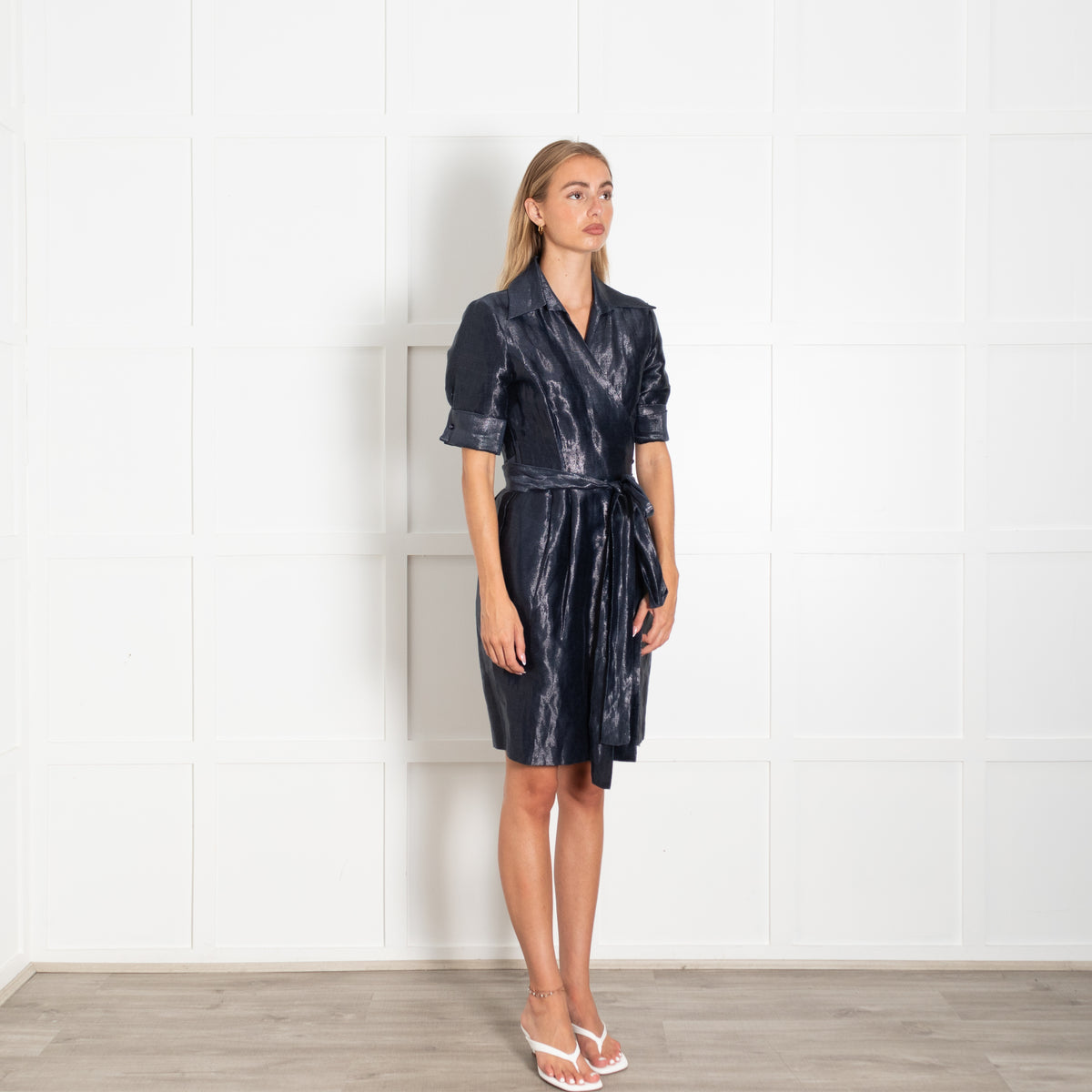 Tim Oconnor Navy Shimmer Fabric Collared Tie Waist Dress