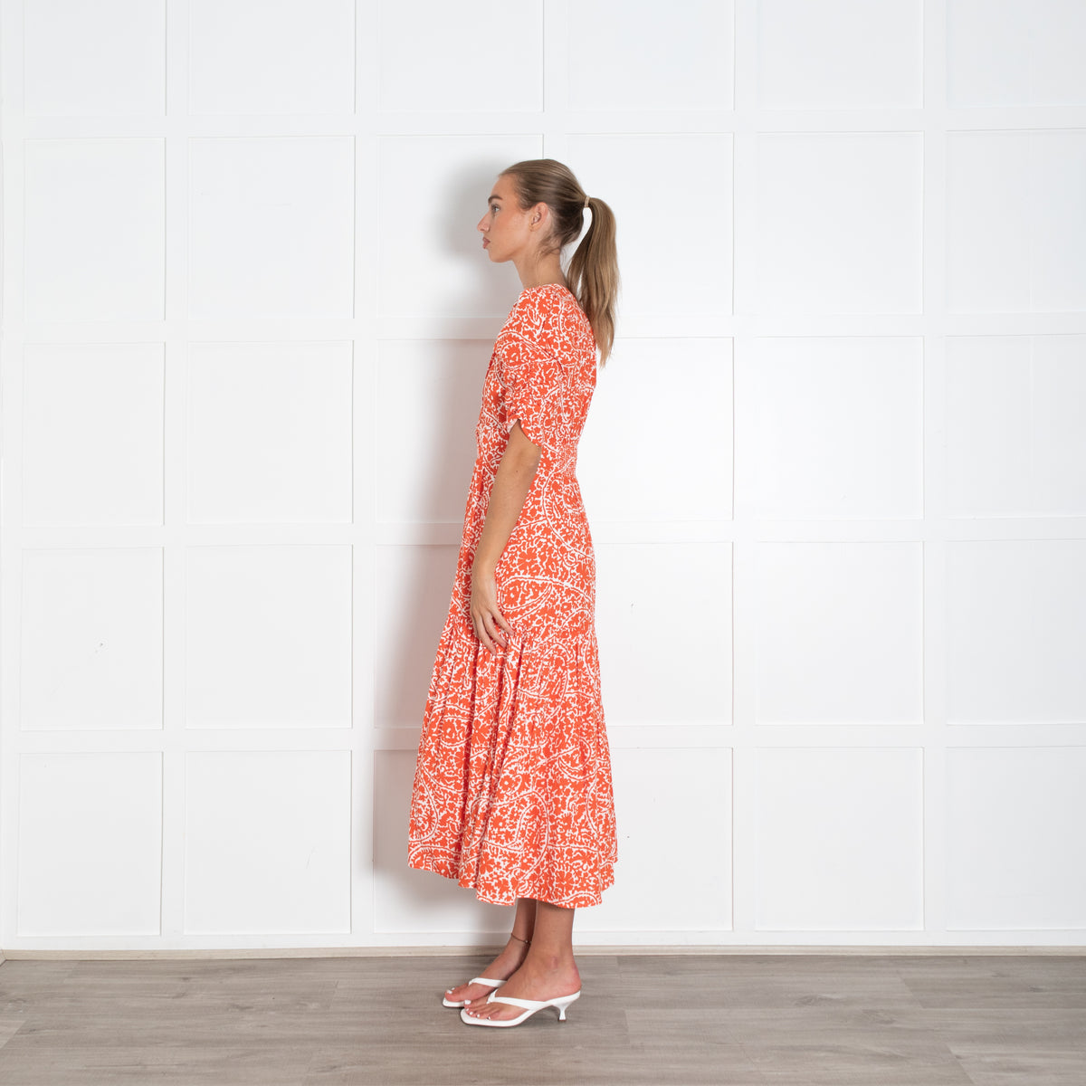 Me + Em White Orange Floral Cotton Short Sleeve V-Neck Dress