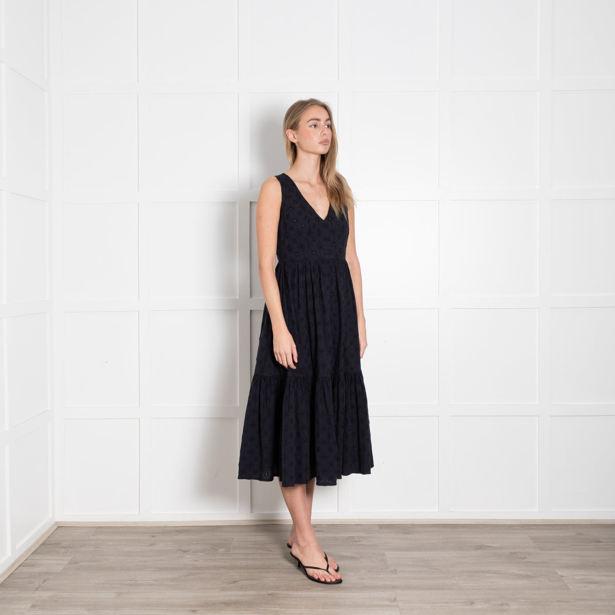 Le Sirenuse Navy Cotton Embroidered Sleeveless Midi Dress