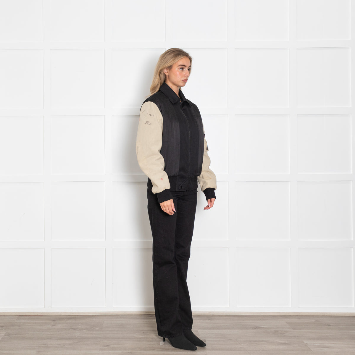 Saint Laurent Black And Cream Embroidered Bomber Jacket