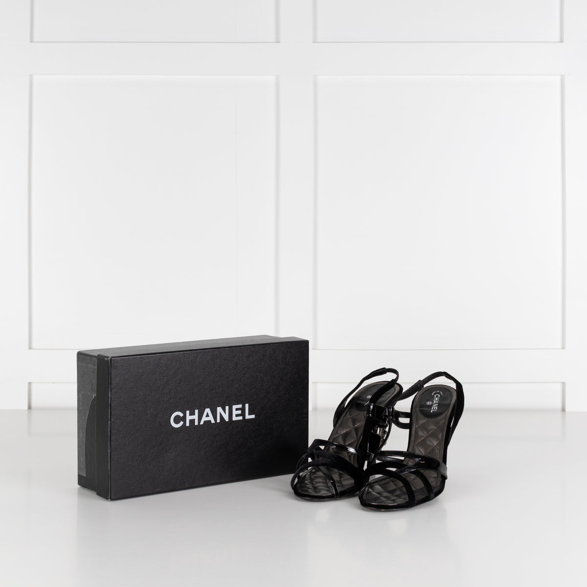 Chanel Black Velvet Patent Leather Embellished Heeled Sandals