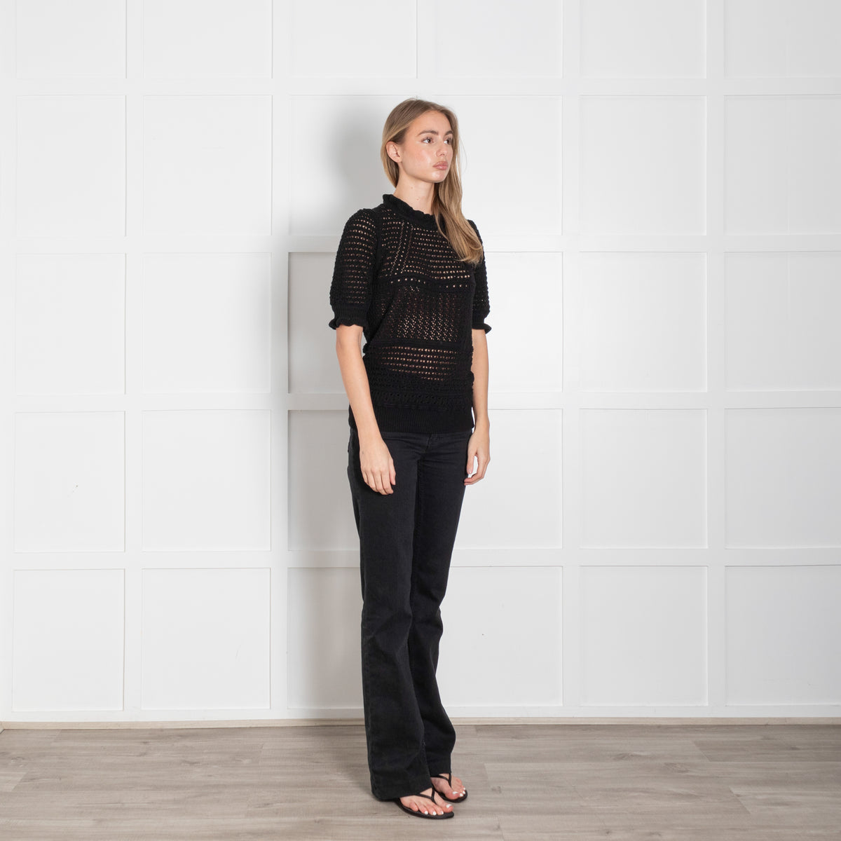 Wyse Black Crochet Cotton Short Sleeve Sweater