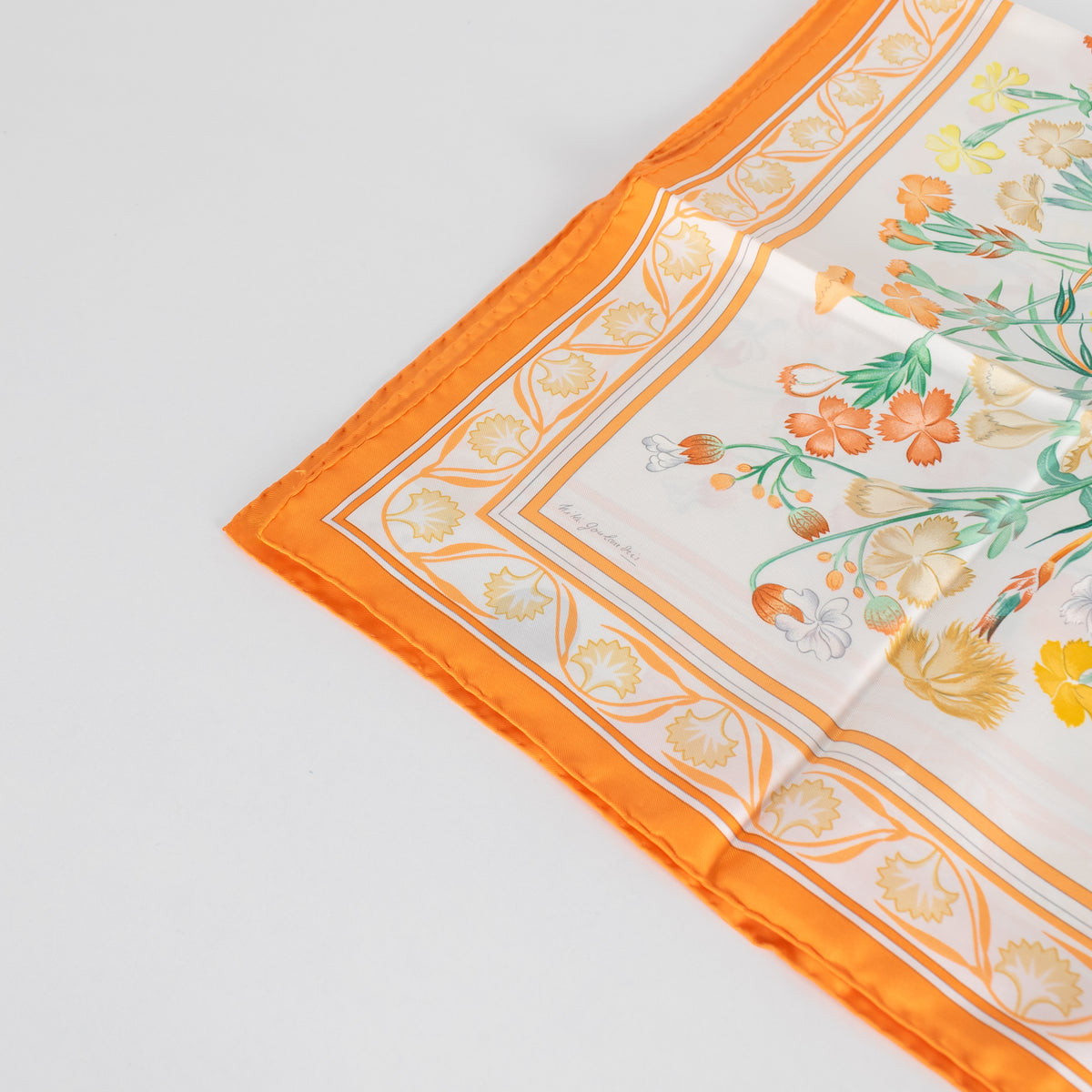 Hermes Cream Orange Oeillets Sauvages Et Autres Caryophyllees Silk Scarf