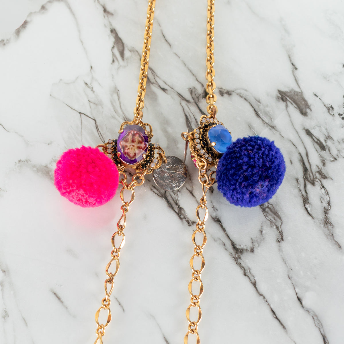 Vicki Sarge Gold Multicolour Pom Pom  Glass Jewells Chain Long Necklace