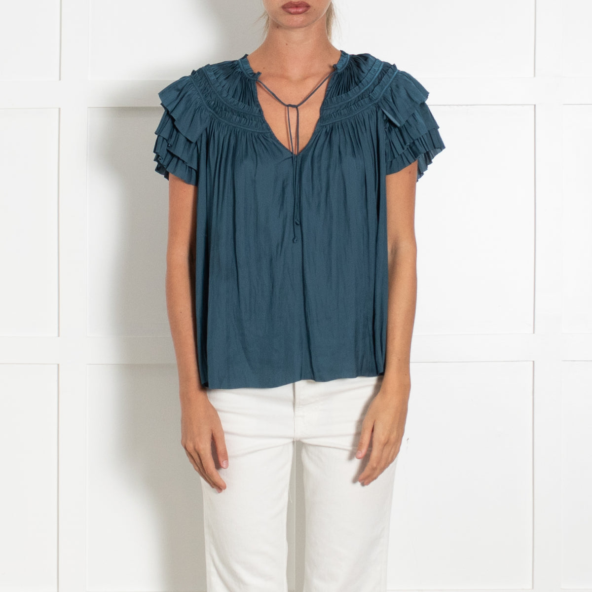 Ulla Johnson Teal Smocked And Frilled Top