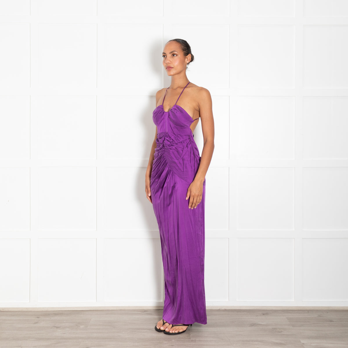Gul Hurgel Purple Silk Spaghetti Strap Long Dress