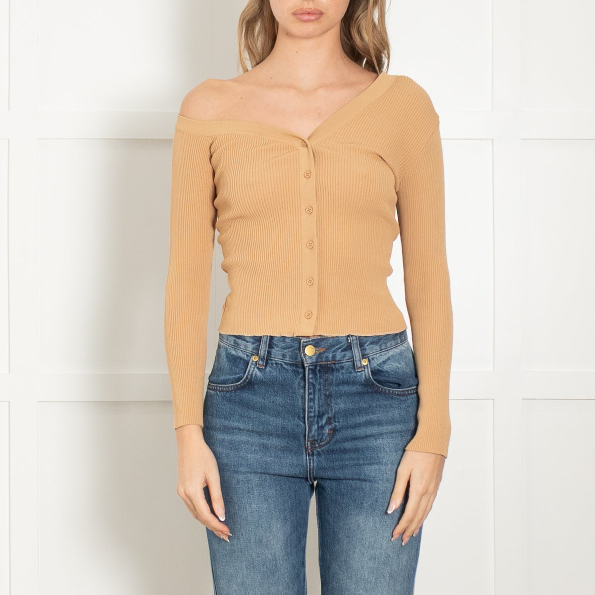 Staud Caramel Ribbed Off The Shoulder Cardigan