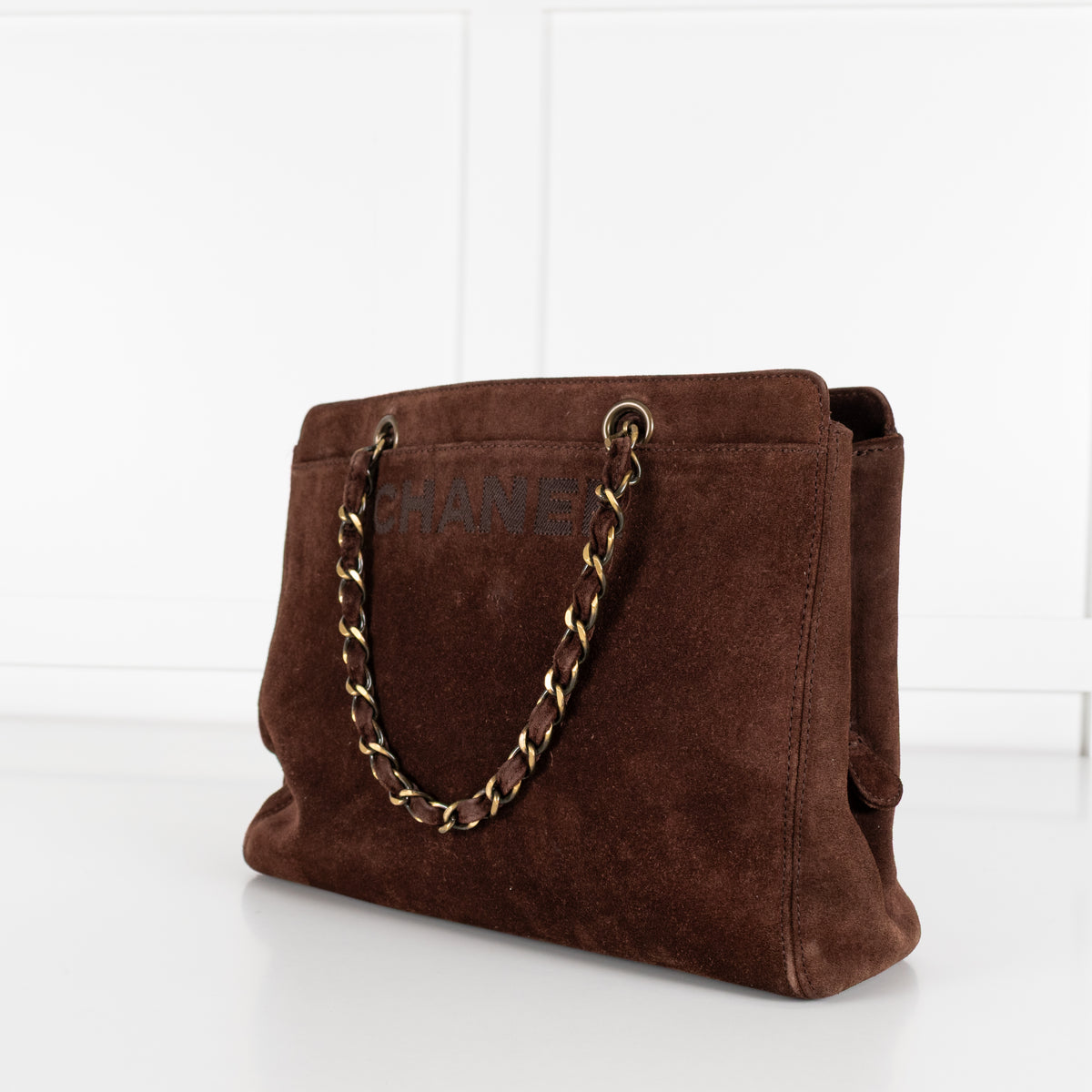 Chanel Brown Suede Chain Strap Logo Tote
