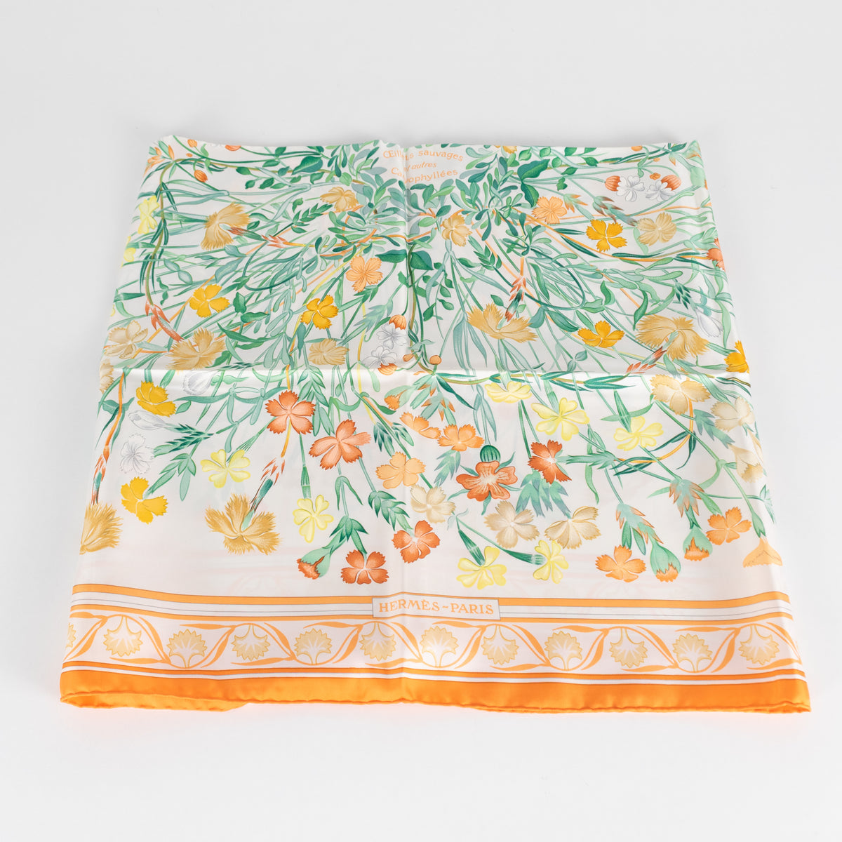 Hermes Cream Orange Oeillets Sauvages Et Autres Caryophyllees Silk Scarf