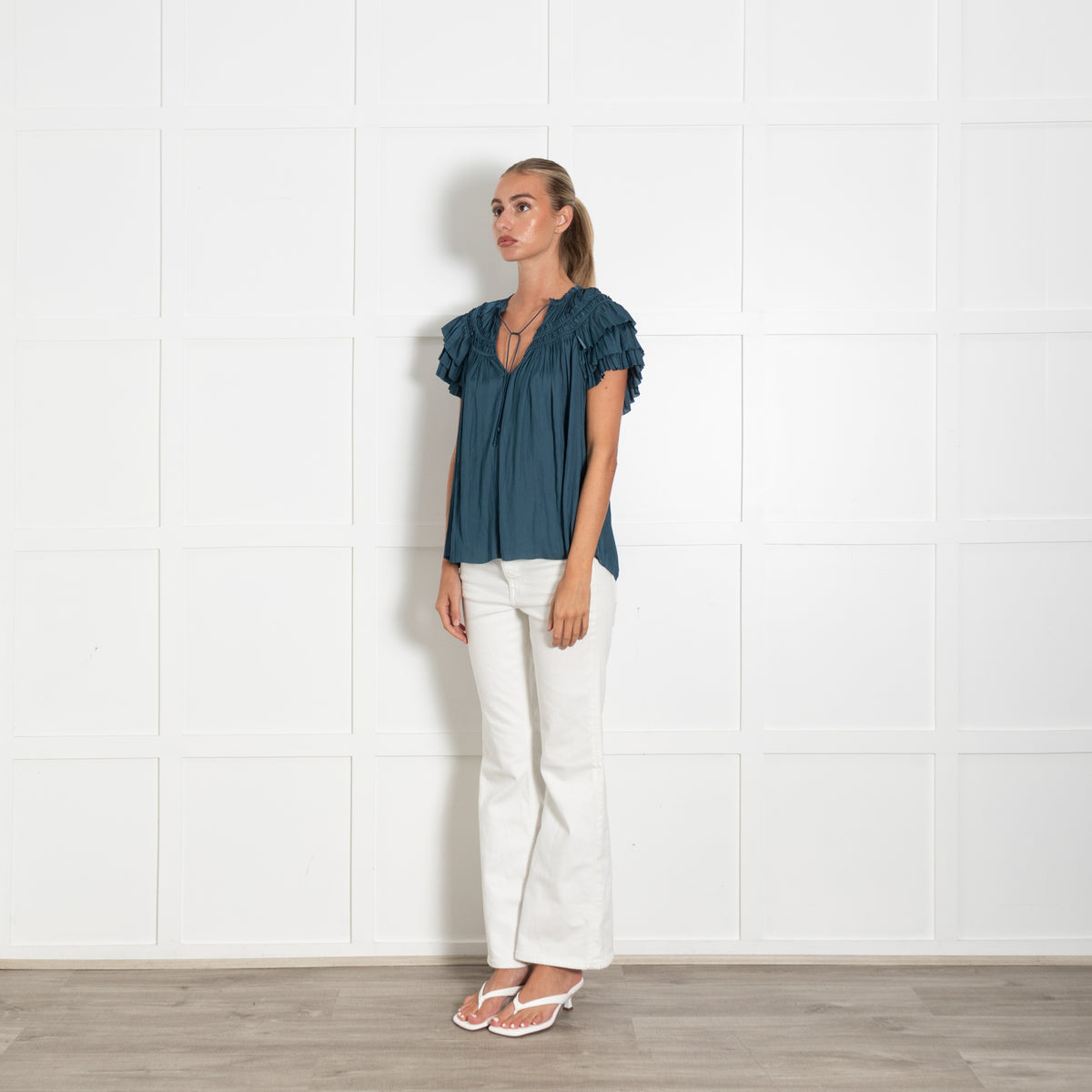 Ulla Johnson Teal Smocked And Frilled Top