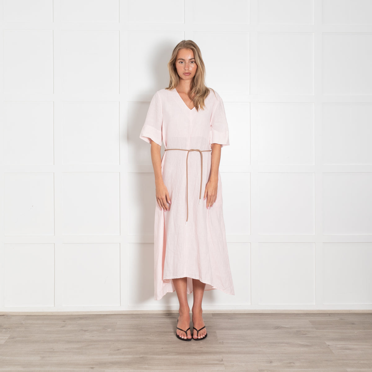 Peserico Pale Pink Linen Short Sleeve Belted Dress