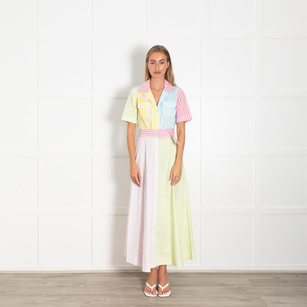 Staud Multi Stripe Belted Short Sleeved Shirt Dress