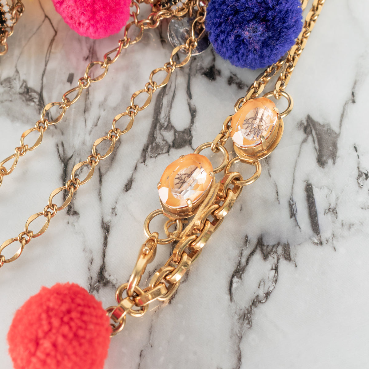 Vicki Sarge Gold Multicolour Pom Pom  Glass Jewells Chain Long Necklace