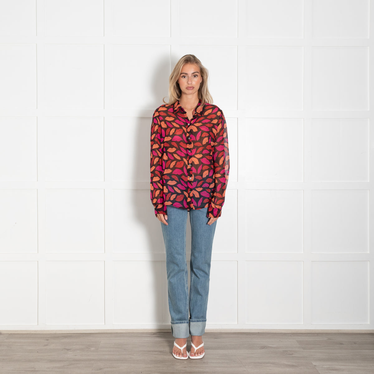 Diane Von Furstenberg  Black Pink Orange Lips Print Silk Blouse