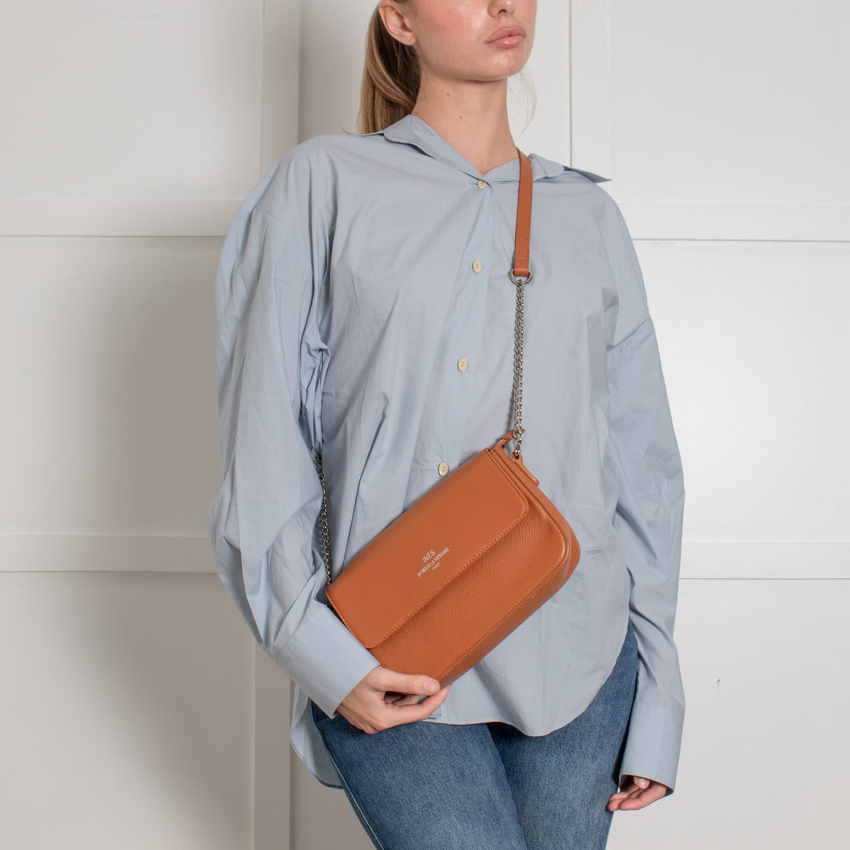Ines De La Fressange Tan Grainy Leather Crossbody Bag