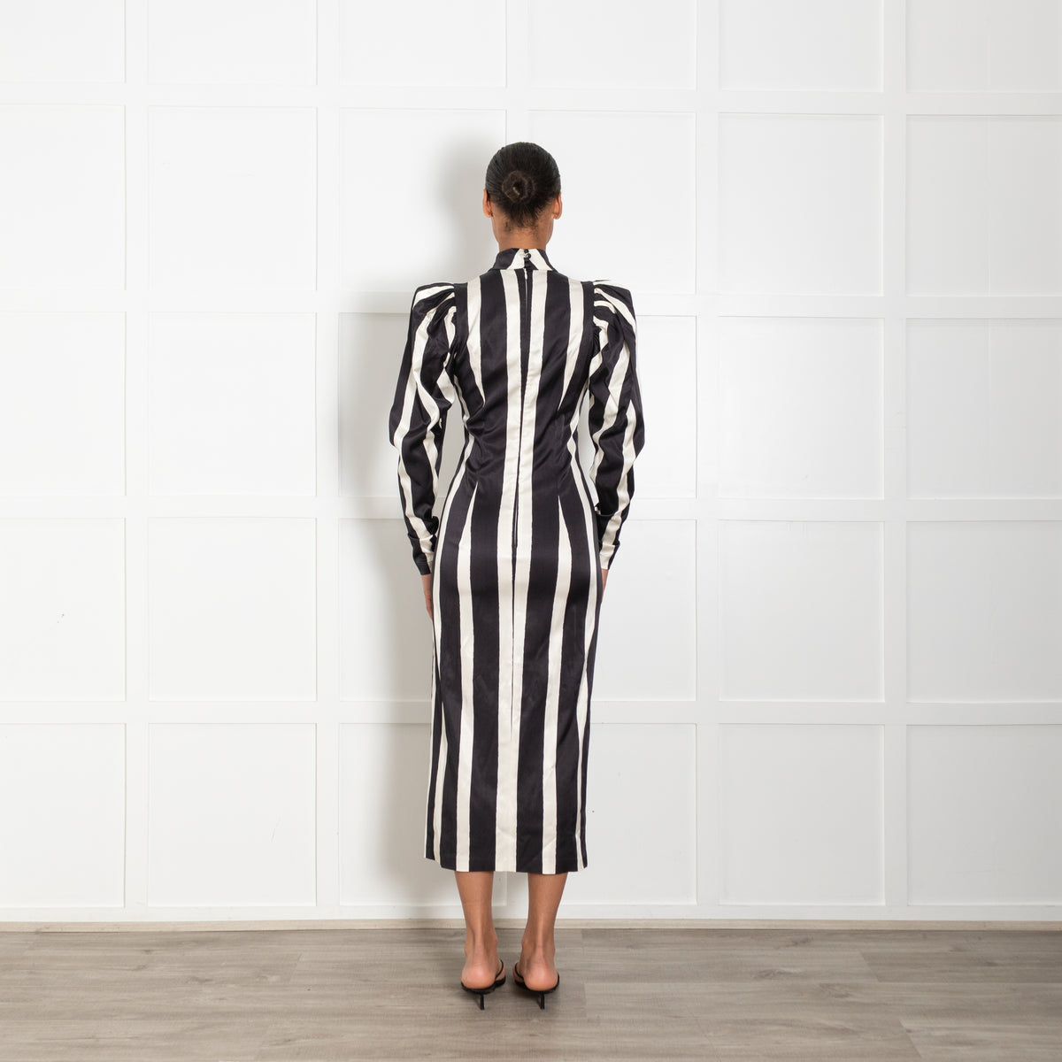 Rotate Birger Christensen Theresa Black & White Striped Dress With Puffed Sleeves