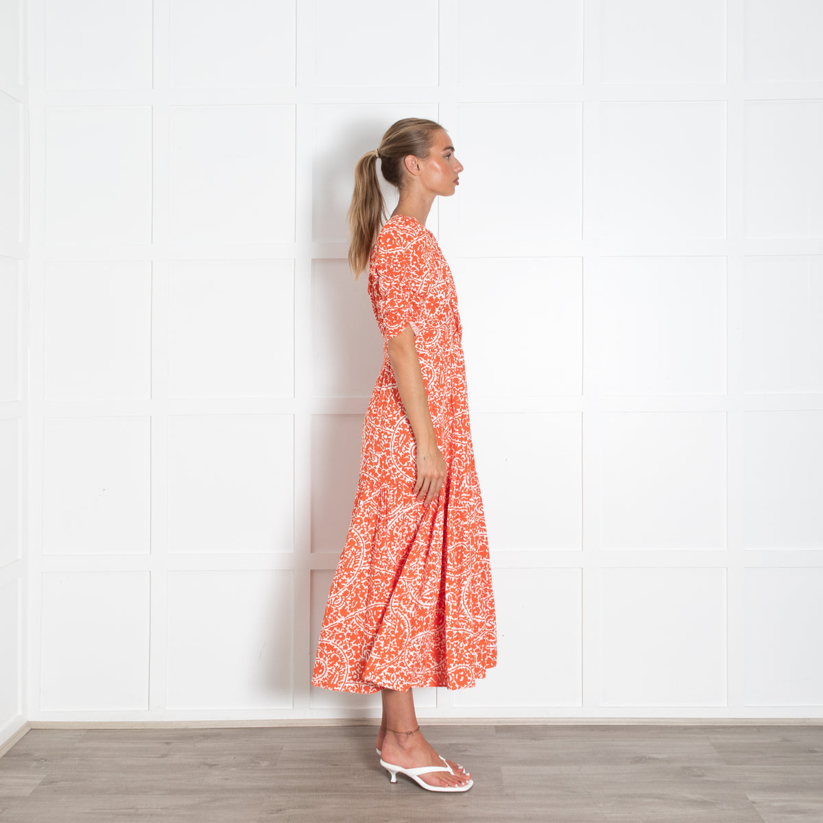 Me + Em White Orange Floral Cotton Short Sleeve V-Neck Dress